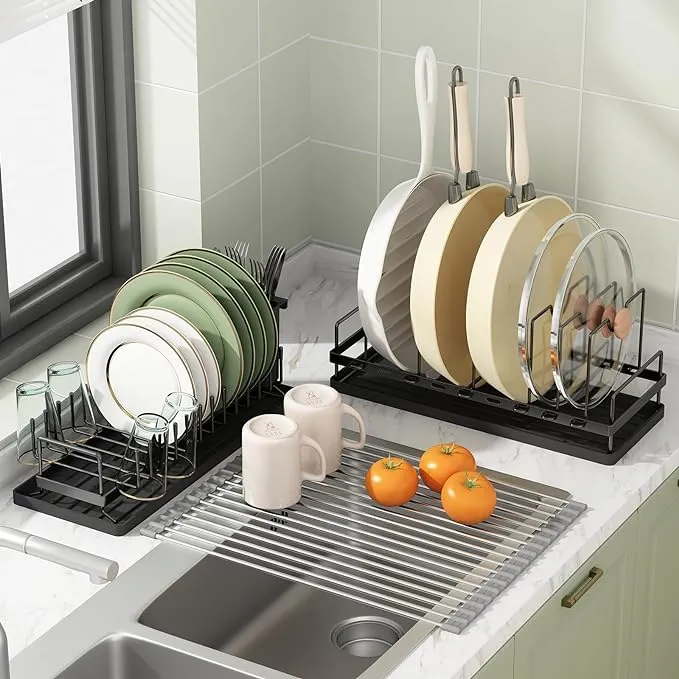 GILLAS 3 Pack Dish Drying Rack & Pot and Pan Organizer & Over The Sink Roll Up ...