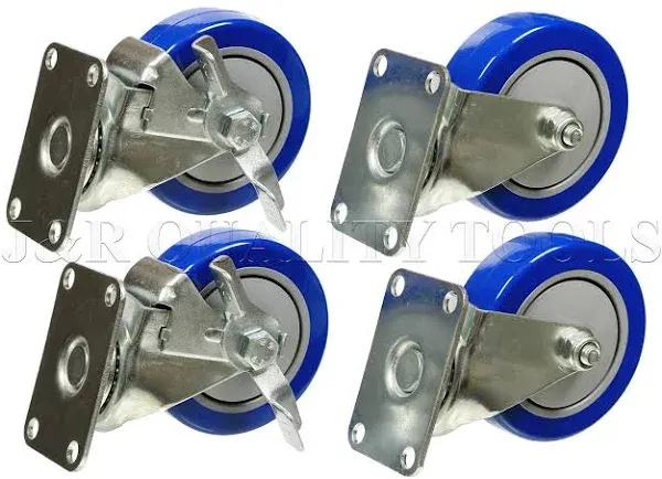 Set of 4 PCS Polyurethane 4" Swivel 2 Wheel Brake Heavy Duty Blue Caster Steel Casters HD