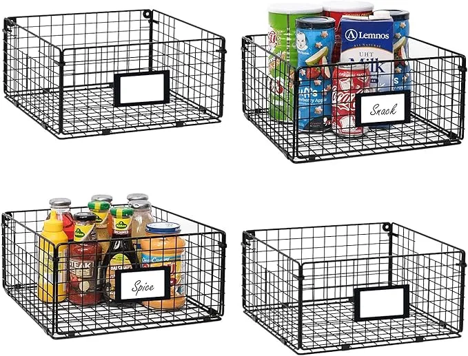 X-cosrack Metal Wire Basket Organizer Foldable & Wall Mounted Freezer Organizer Bins with Handles 4 Pack- Extra Large Mesh Bins for Pantry Organization Kitchen Laundry Closet Garage Patent Design