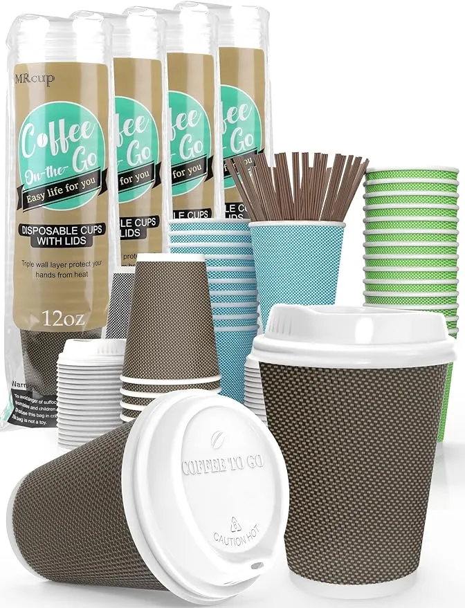 Mrcup 12 oz Hot Beverage Coffee Cups with Lids and Straws, Insulated Triple Wall Leak/Heat Free Disposable Anti-Slip Togo Reusable Paper Cups, Brown