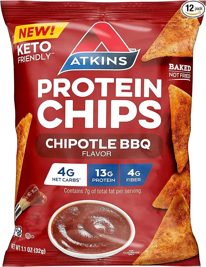 Atkins Chipotle BBQ Protein Chips, 4G Net Carbs, 13g Protein, Gluten Free, Low Glycemic, Keto Friendly, 12 Count