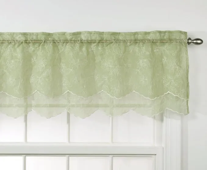 Belle Maison Stylemaster Renaissance Home Fashion Reese Embroidered Sheer Layered Scalloped Valance, 55-Inch by 17-Inch, Spring