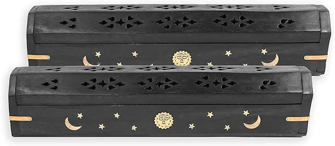 2 Pack - Incense Stick Holder - Coffin Style - Wood Incense Stick Burner with Sun Moon Star Inlays Handmade with Brass Inlays (Black)