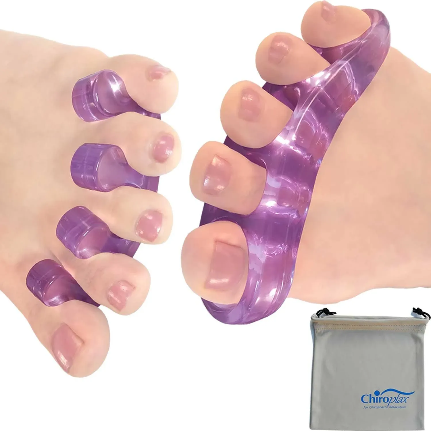 Chiroplax Gel Toe Stretchers Separators (2 Pairs w/Pouch) Toe Spacer Spreader for Bunion Relief, Hammer Toes, Toe Straightener