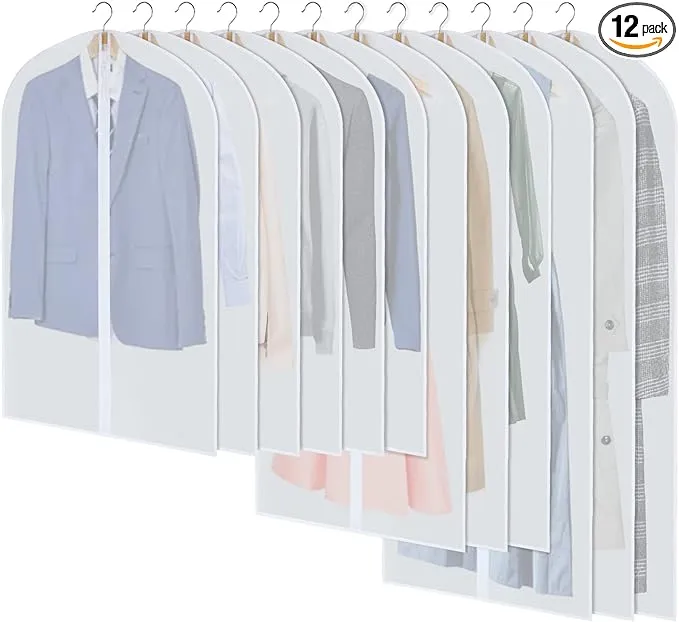 Garment Bags for Hanging Clothes, Set of 12 Suit Bags Dust-Resistant Clothes Cover Bags PEVA Breathable Clothes Protectors with Full Zipper for Closet Storage, 24” x 40”/47”/55”