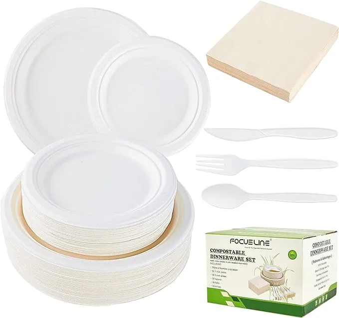 FOCUSLINE 300Pcs Compostable Party Dinnerware Set for 50 Guest- Heavy Duty Co...