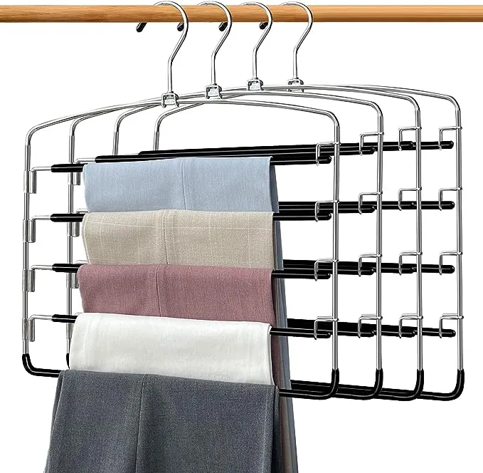 Swing Arm Hangers, 5 Layers with Non-Slip Space Saving Multiple Pants Rack, Closet Organizer for Trousers, Jeans, Pants, Scarves And Ties, 4 Pieces