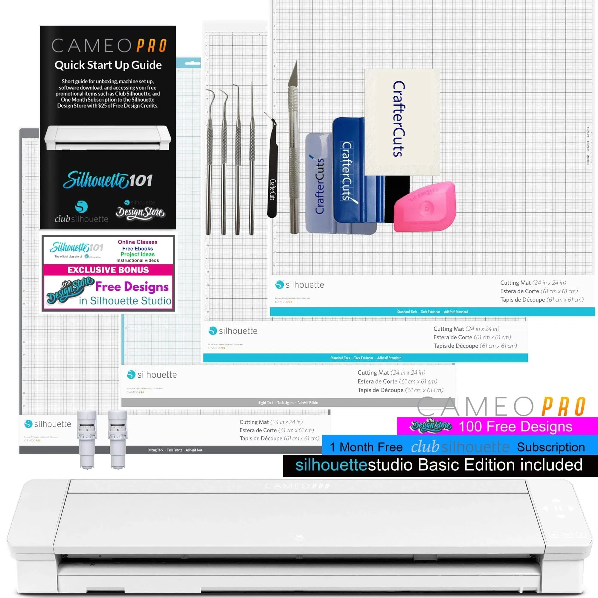 Silhouette Cameo 4 Pro Bundle with 4 Mats, 2 Autoblades, Deluxe Vinyl Tool Kit, and Guide to Silhouette 101 with Bonus Designs