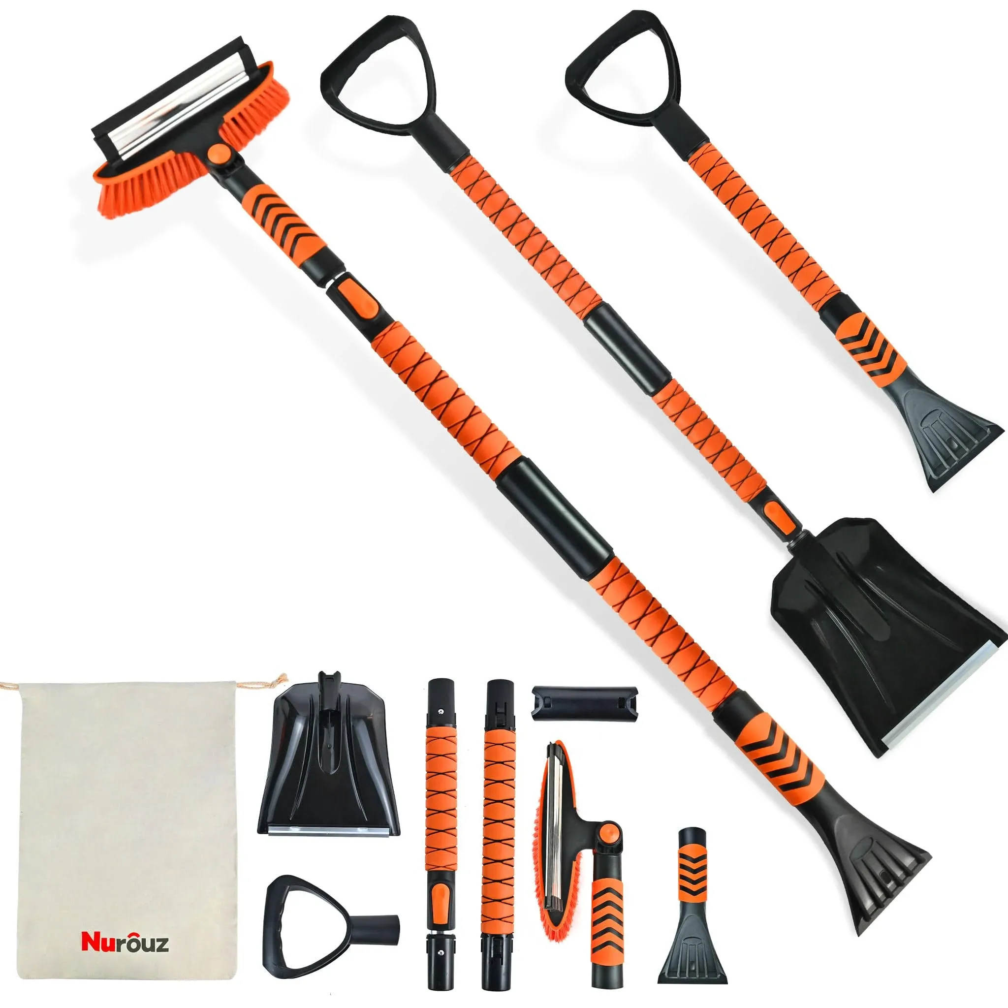 Nurouz Snow Removel Kits, Snow Shovel, Snow Brush, Ice Scrapers for Car Windshield-Non-Scratch, Folding Snow Shovel, Retractable Snow Brush Pusher, Extendable from 34" to 56" with Storage Bag