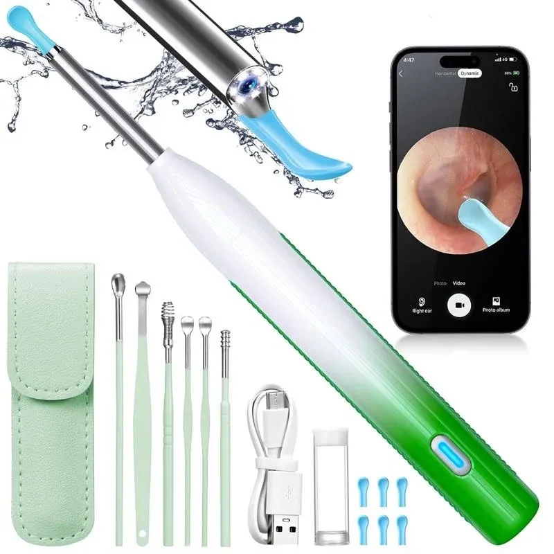 YEOUEOZ Ear Wax Removal Tool, Ear Camera with 1920 HD Camera, Smart Visual Ear Cleaner Kit with 6 LED Lights, Rechargeable Otoscope with 6 Ear Pick Replacement for Kids/Adults - Green