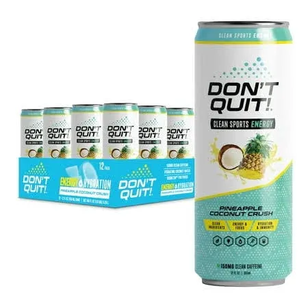 DON’T QUIT Clean Sports Energy Drink - 150 Milligrams of Natural Caffeine with Coconut Water and Electrolytes for Hydration and Cognizin® for Attention and Focus - (Pineapple Coconut Crush, 12 Pack)