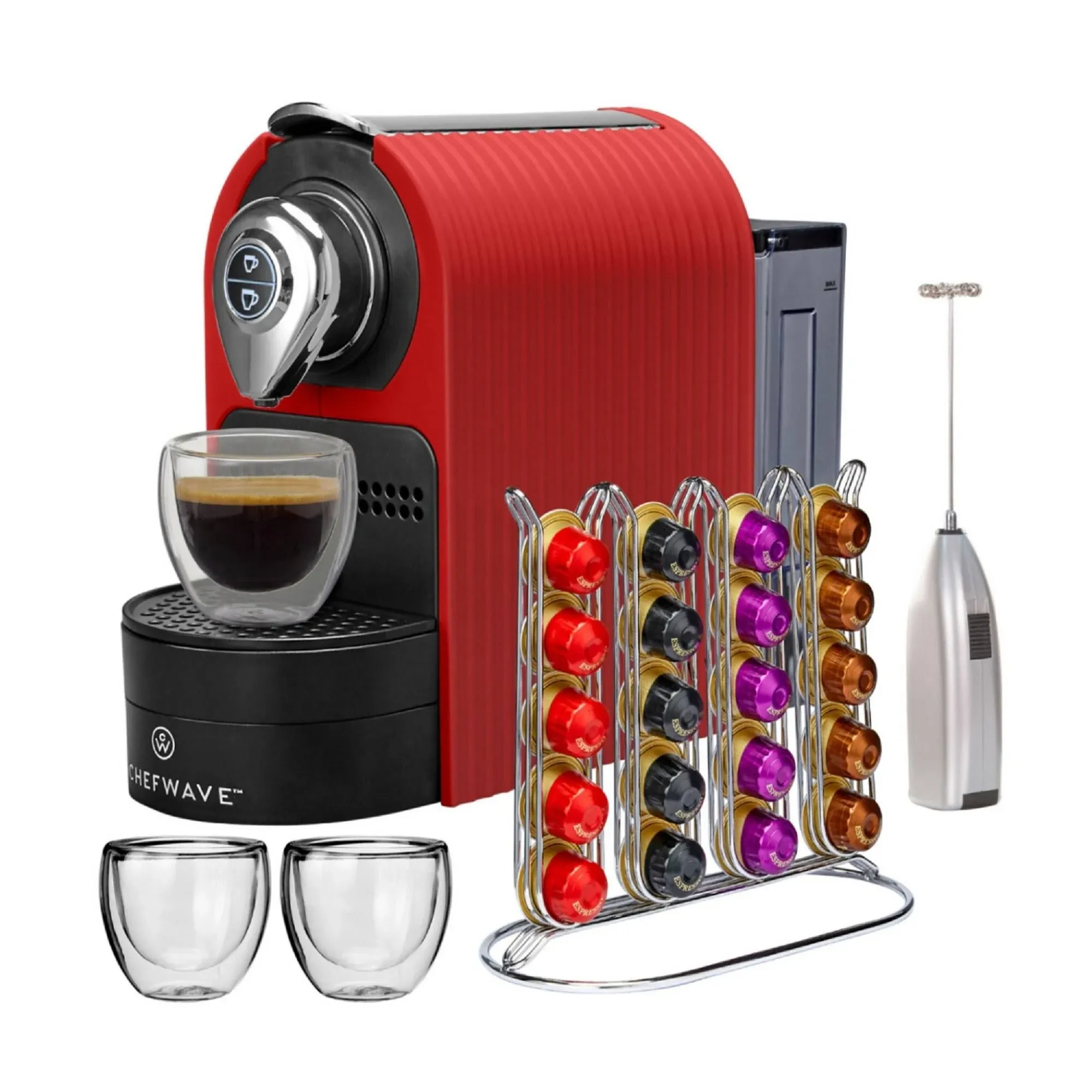 Chefwave Espresso Machine for Nespresso (Red), Capsule Holder, and Cups Bundle