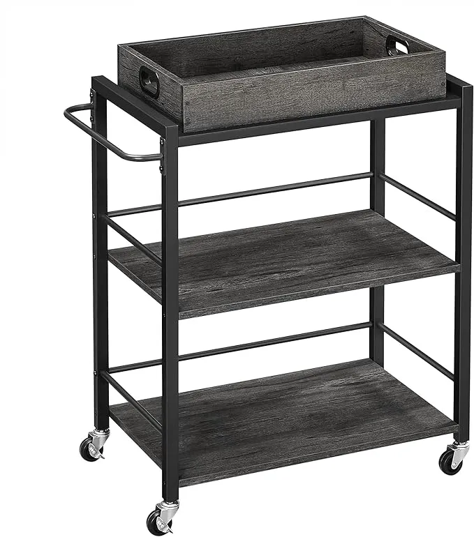 VASAGLE Kitchen Serving Cart with Removable Tray, 3-Tier Kitchen Utility Cart on Wheels with Storage, with Brakes, Leveling Feet, 15.7 x 28.3 x 33.9 Inches, Charcoal Gray and Black ULRC072B04