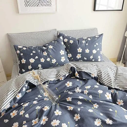 HighBuy Vintage Flower Printed Bedding Duvet Cover Set King Cotton Sateen Romantic Floral Duvet Cover and Pillow Shams Reversible Striped Bedding Set