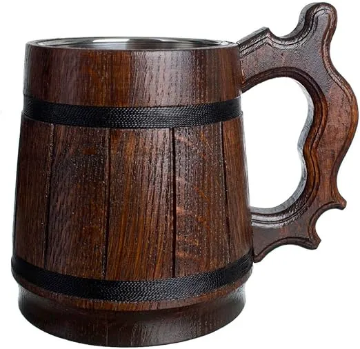 MyFancyCraft Wood Beer Mug with Box Stainless Steel Cup Men Souvenir Handmade Retro Brown