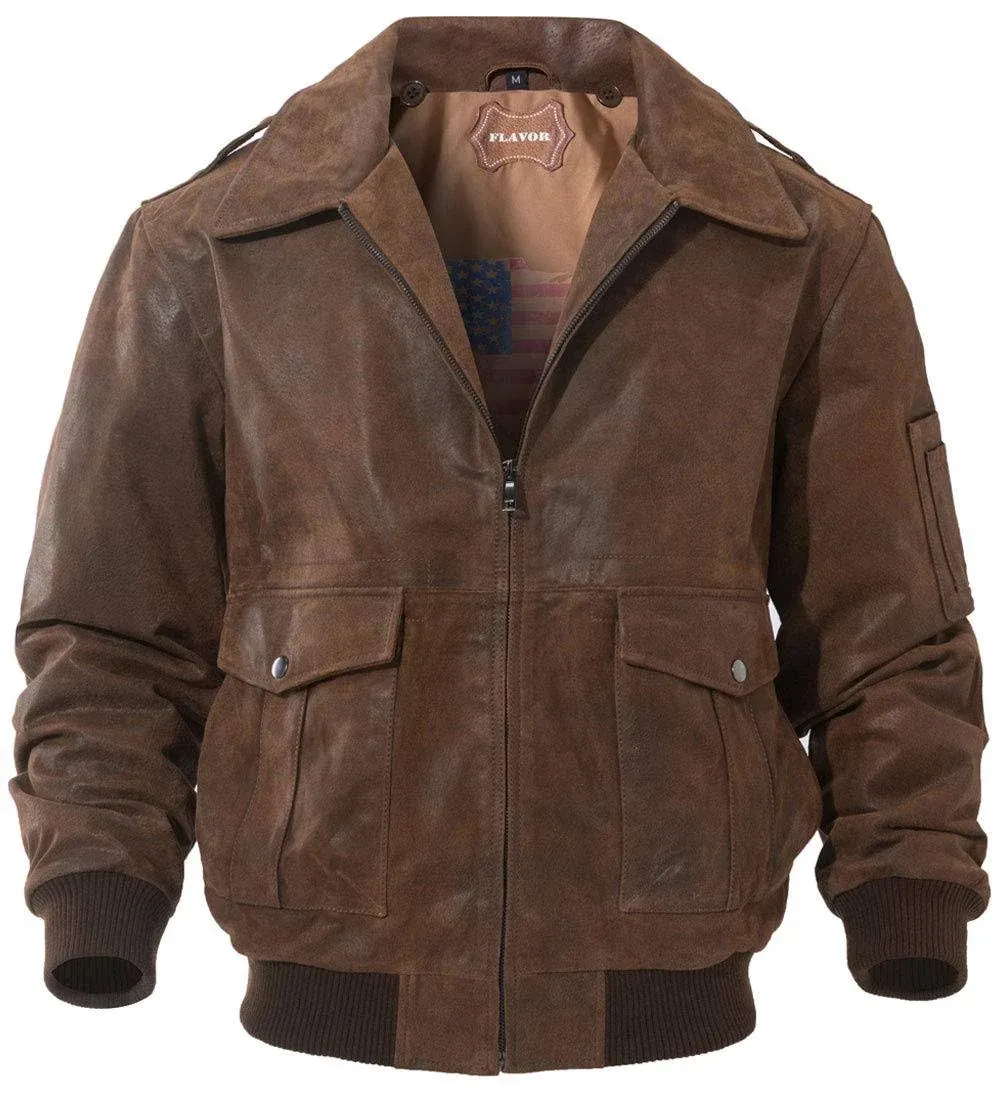 FLAVOR Men's Leather Flight Bomber Jacket Air Force Aviator