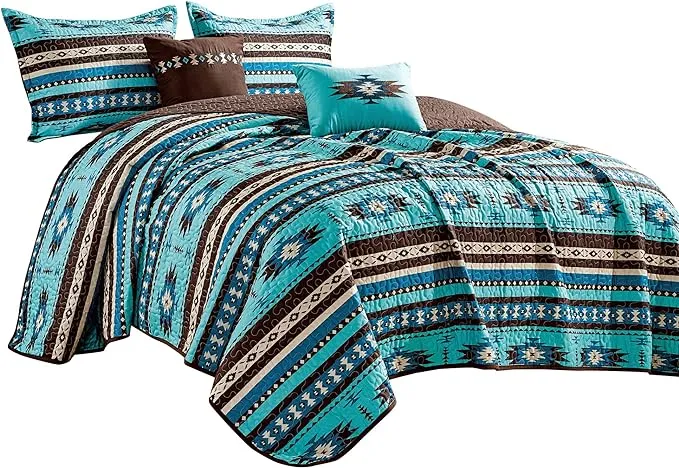 Southwestern Turquoise Tan Aztec Quilt Coverlet - 5 Piece Set