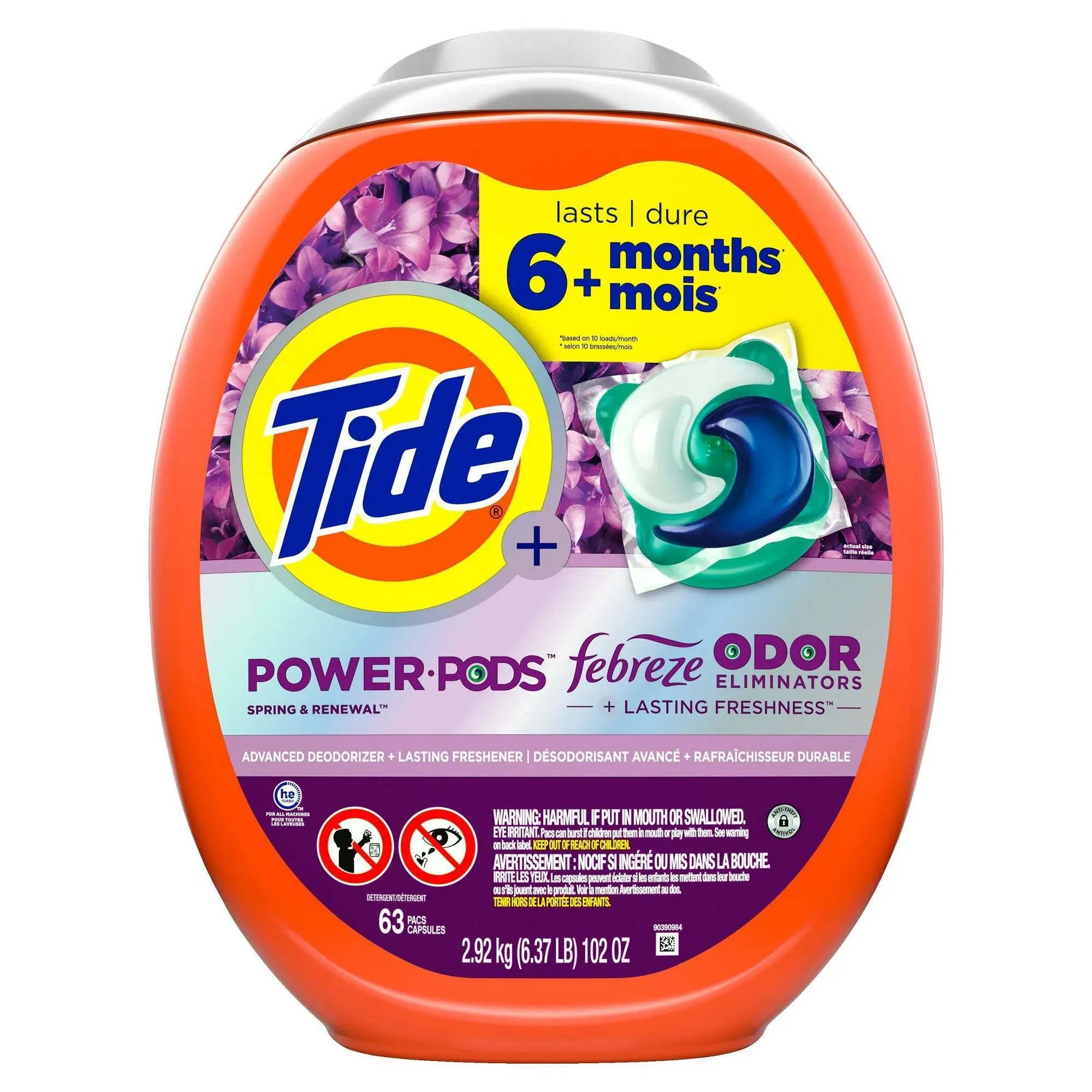 Tide Power Pods Febreze Odor Eliminator Laundry Detergent - Spring and Renewal - 98oz/63ct