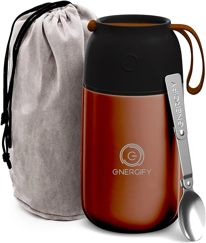 Energify Vacuum Insulated Food Jar 24oz. Thermos Includes Folding Spoon, Bag and ...