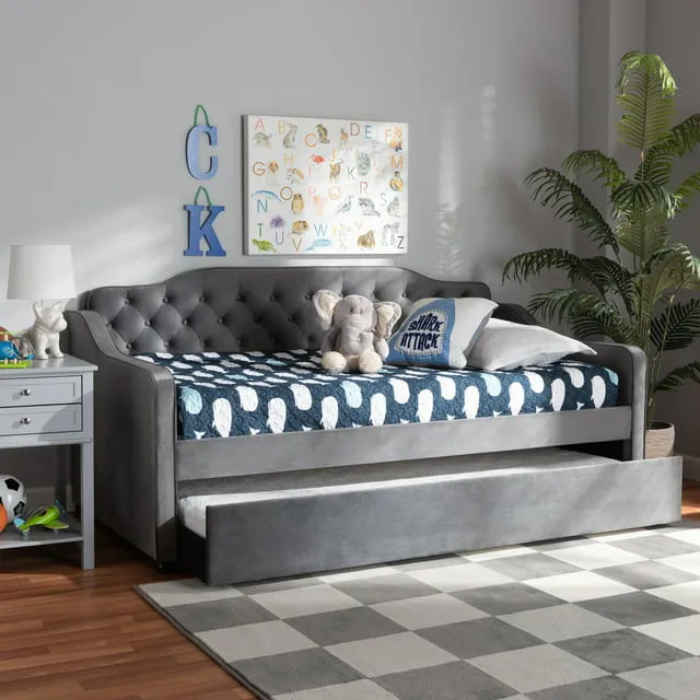 Baxton Studio Freda Transitional and Contemporary Velvet Fabric Upholstered and Button Tufted Daybed with Trundle