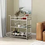 Silver Bar Carts with 3 Tier Glass Shelves, Rolling Serving Bar Cart with Wine Rack and Glass Holder, Home Bar Carts & Wine Carts on Wheels for Kitchen, Indoor & Outdoor