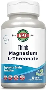 KAL Think Magnesium L-Threonate 2000 mg | Learning, Brain Health & Memory Function Support w/Magtein | Vegan, No Gluten & Non-GMO | 60 Tablets