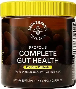 Beekeeper's Naturals Complete Gut Health, 3-in-1 Prebiotic, Postbiotic, Probiotics for Digestive Health & Bloating Relief for Women & Men, Propolis Powered, Gluten-Free Vegan Capsules, 60ct