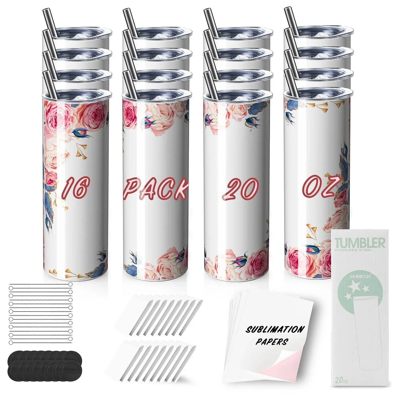 16 Pack Sublimation Tumblers 20 oz Skinny,Stainless Steel Insulated Sublimation ...