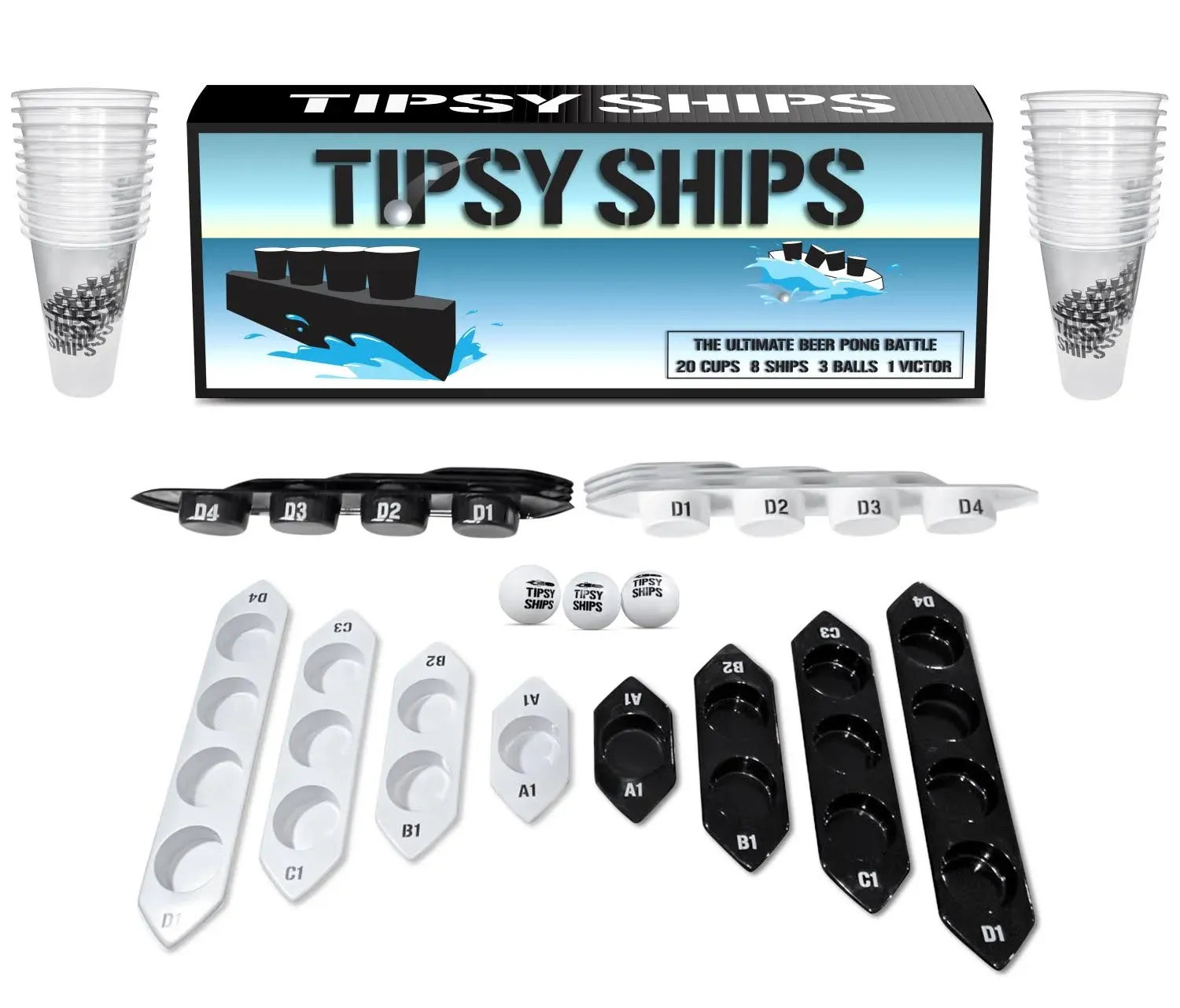 Tipsy Ships Set V2 - The Ultimate Battle Pong Party Game - 22 Plastic Cups, 8...