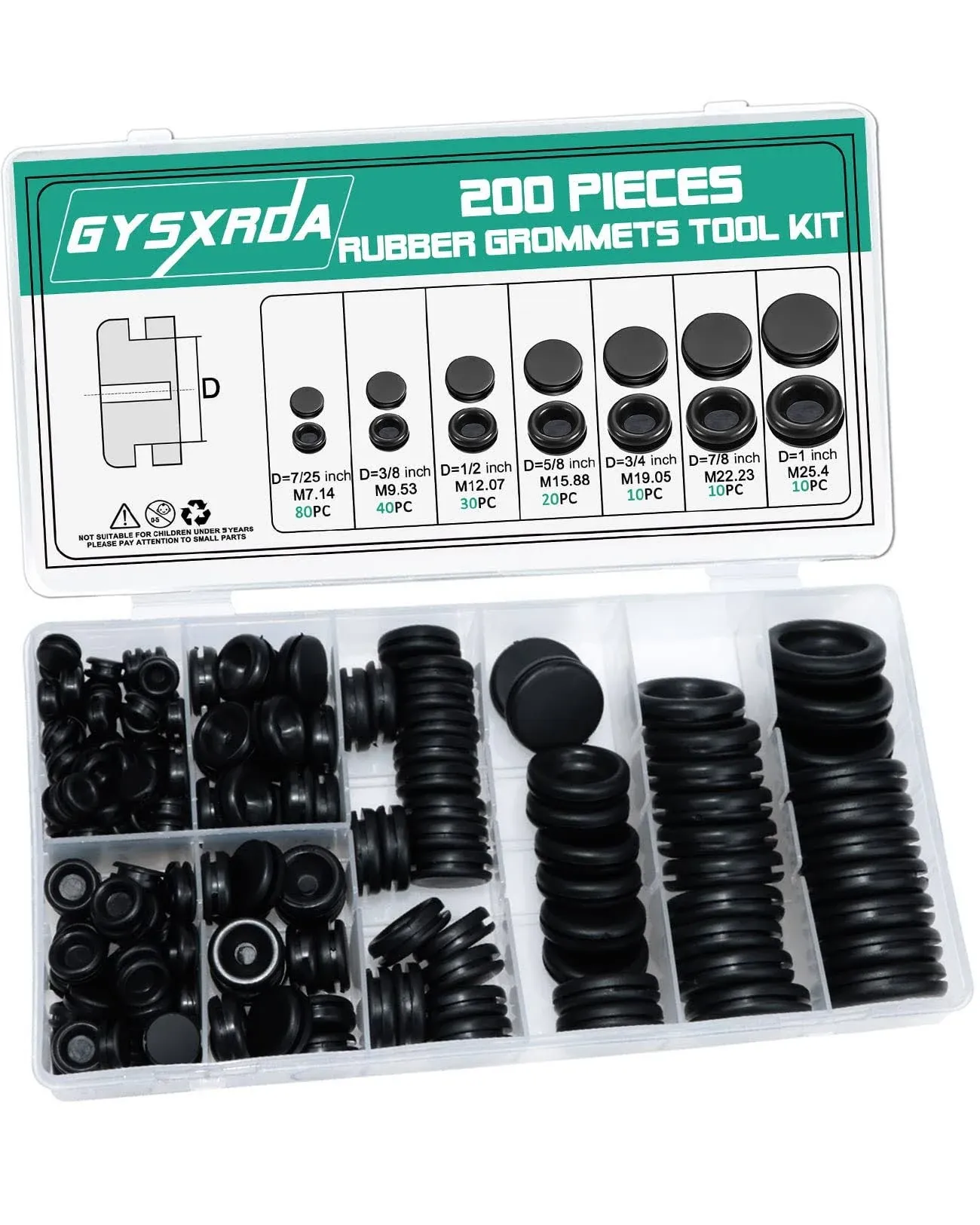 Gysxrda Rubber Grommet Kit 200 Pack - 7 Sizes Firewall Rubber Hole Plugs Rubber Grommets for Wiring, Automotive, Home Improvement Cord Pipe Wire Organization (7/25, 3/8, 1/2, 5/8, 3/4, 7/8, 1 inch)