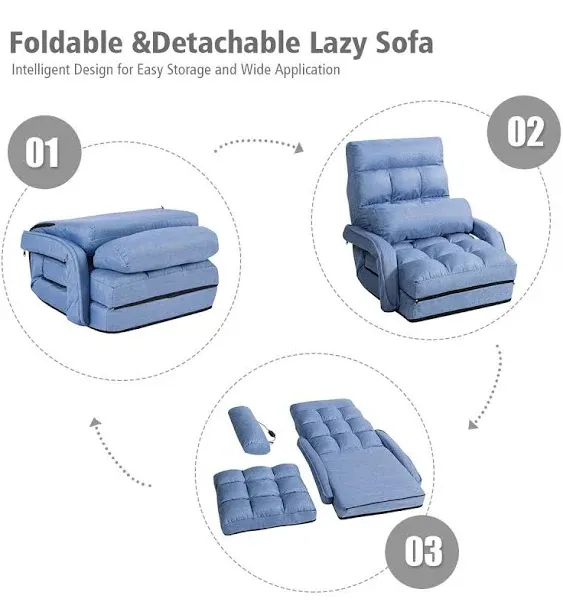 Indoor Chaise Lounge Sofa, Folding Lazy Sofa Floor Chair w/ 5-Position Adjustable Backrest Lumbar Pillow, Lounger Bed with Armrests (Blue)