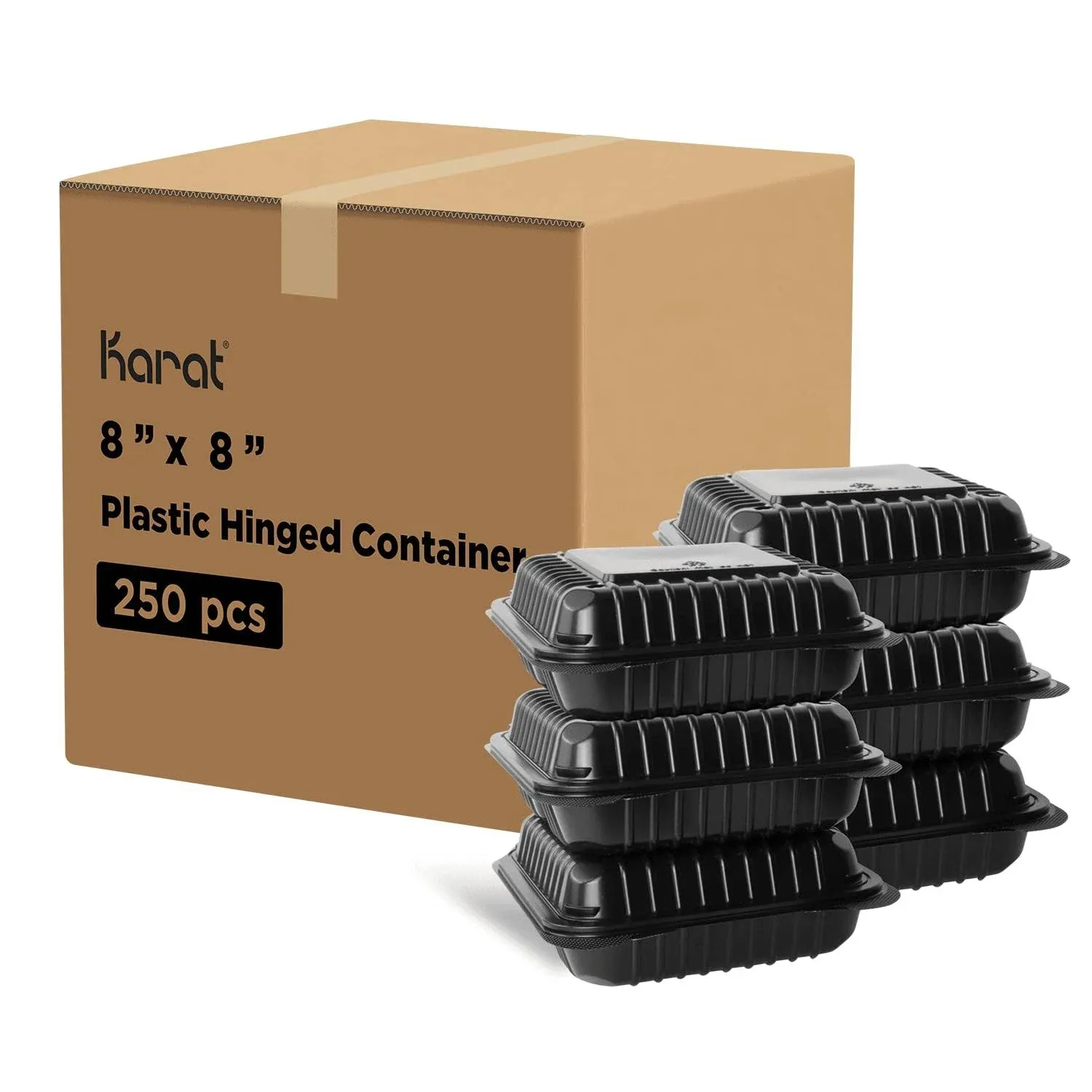 Karat 8'' x 8" Black PP Hinged Container, 3 compartment - 250 ct