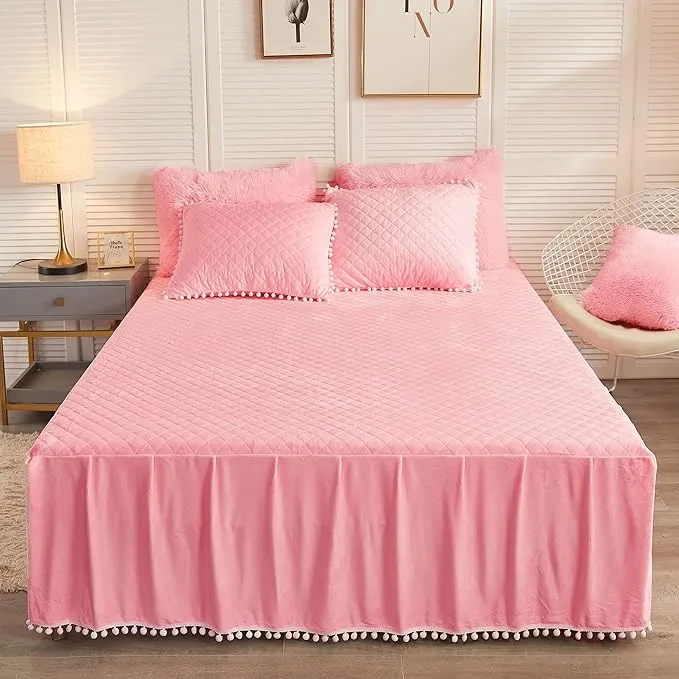 Queen Pink Velvet Bed Skirt with Quilted Fitted Sheet Pom Poms Design