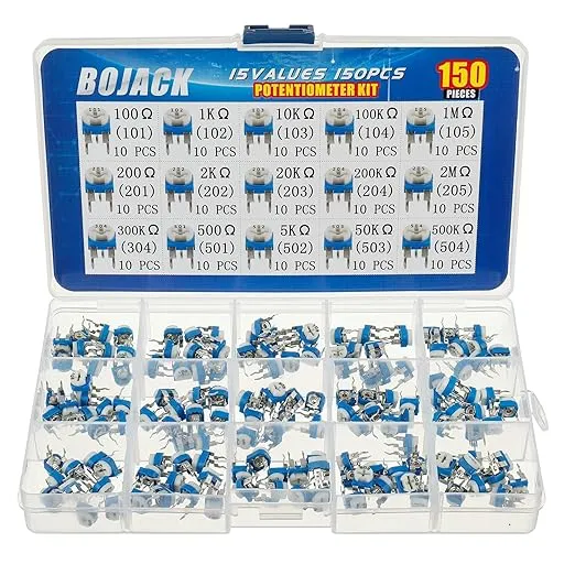 BOJACK 15 Values 150 pcs 100 Ohm- 2M Ohm Variable Resistor 6mm Potentiometer Assortment Kit packag in a Clear Plastic Box