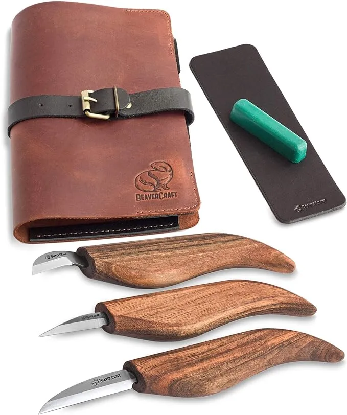 Beavercraft Deluxe S15X Wood Carving Whittling Knives Set with Leather Case