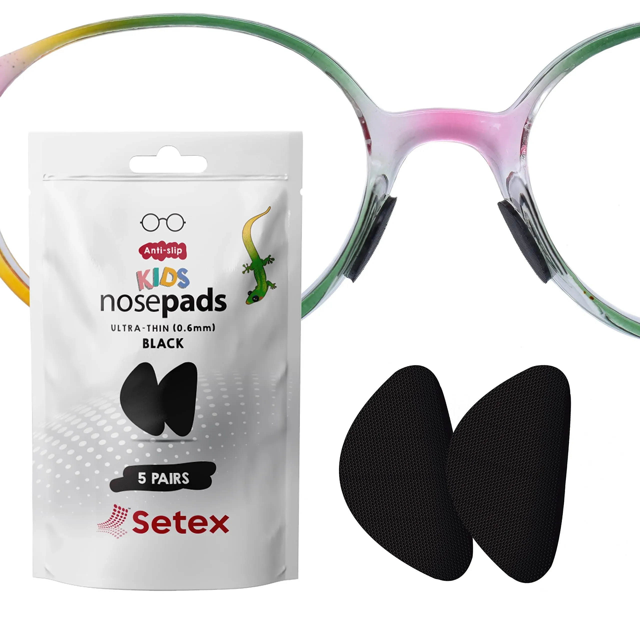 Setex Gecko Grip Kids Nose Pads, Anti Slip Eyeglass Nose Pads (5 Black Pair) USA Made, Innovative Microstructured fibers, 0.6mm x 6mm x 10.88mm