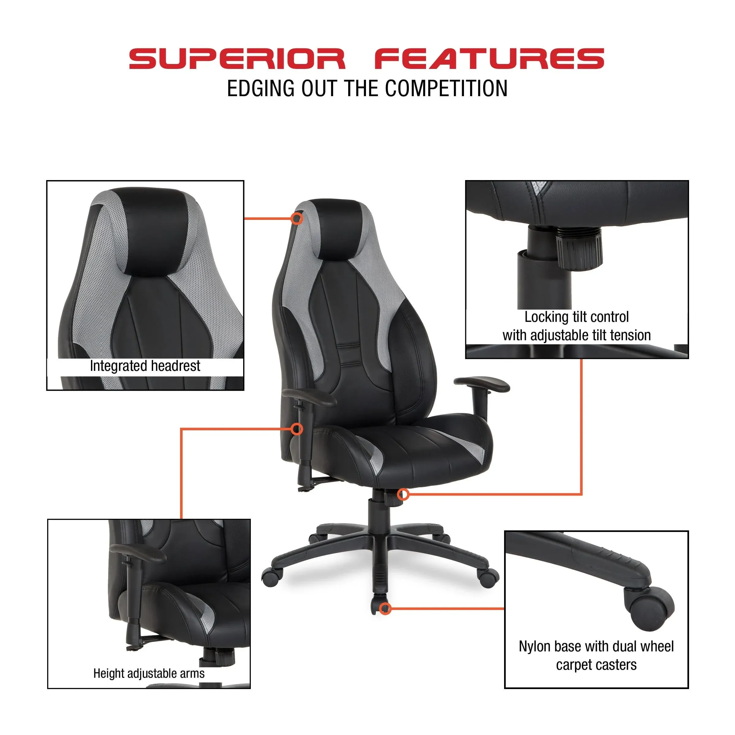 Commander Gaming Chair in Black Faux Leather and Grey Grey