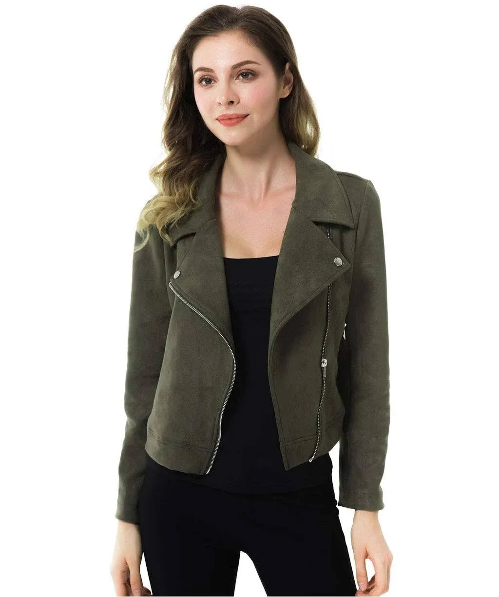 Women Apperloth A Solid Long Sleeve Faux Suede Motorcycle Jackets Zipper Short Coats