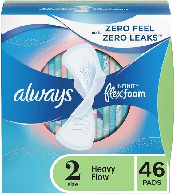 Always Infinity Feminine Pads for Women, Size 2 Regular, with wings, unscented, 46 Count