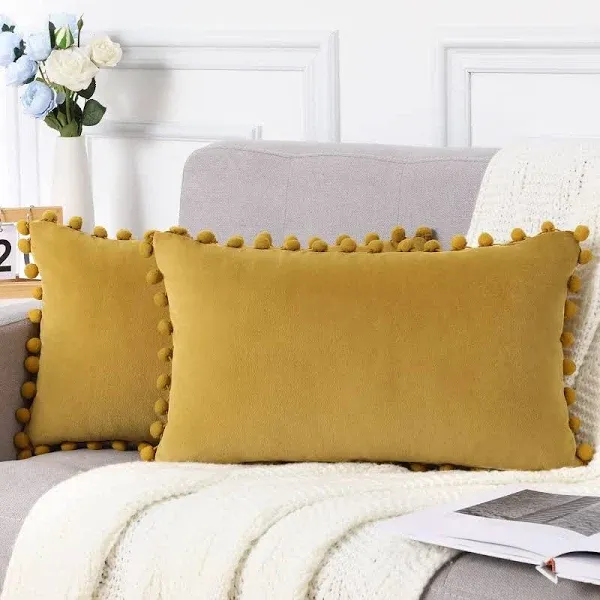 GlowSol Set of 2 Yellow Velvet Throw Pillow Covers Pompom Decorative Pillowcases Solid Soft Rectangle Cushion Covers for Living Room Bedroom, 12x20 inch