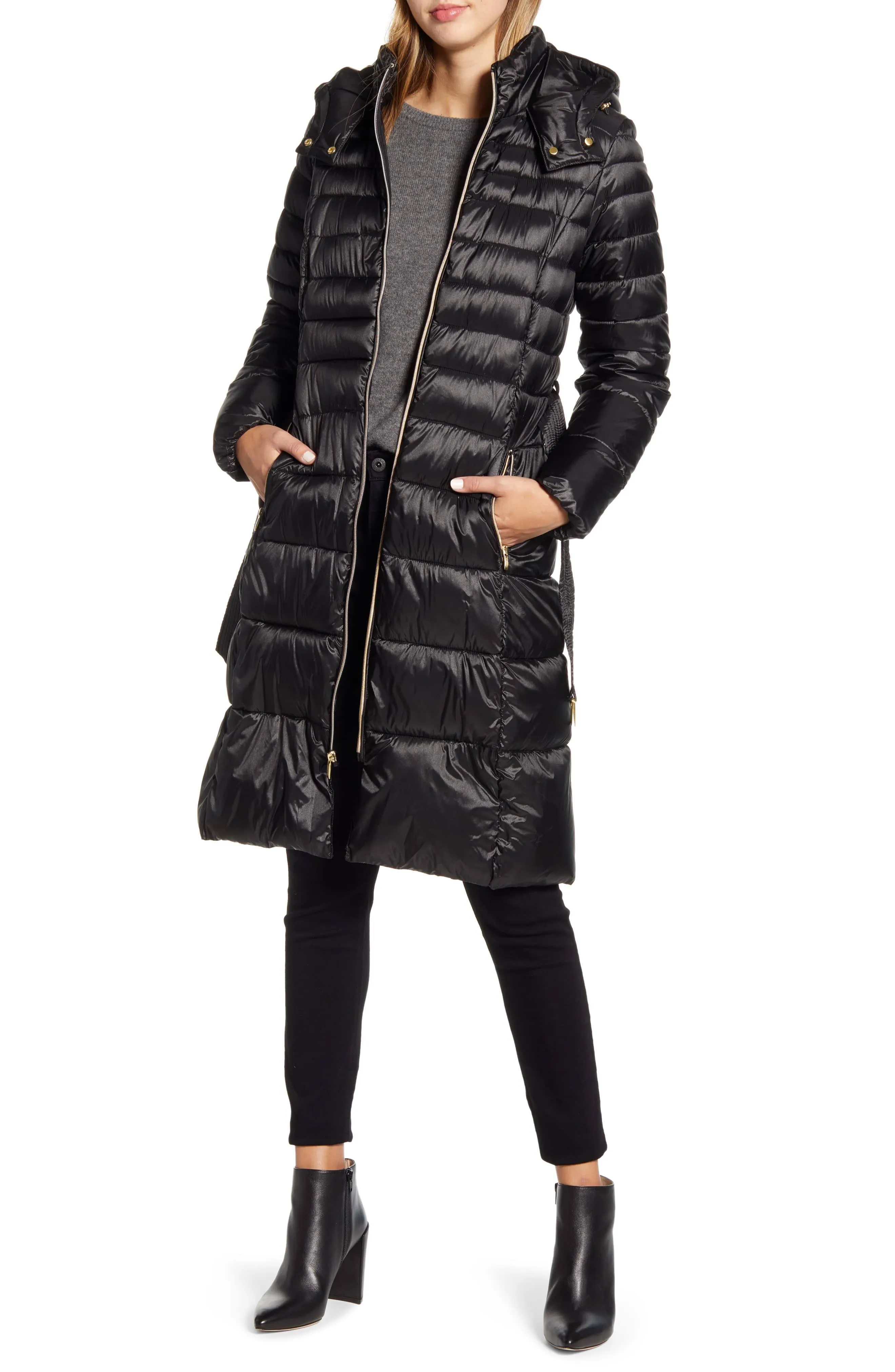 COLE HAAN Women&#x27;s Sateen Quilted Mid-Length Puffer Coat with Attached Hood