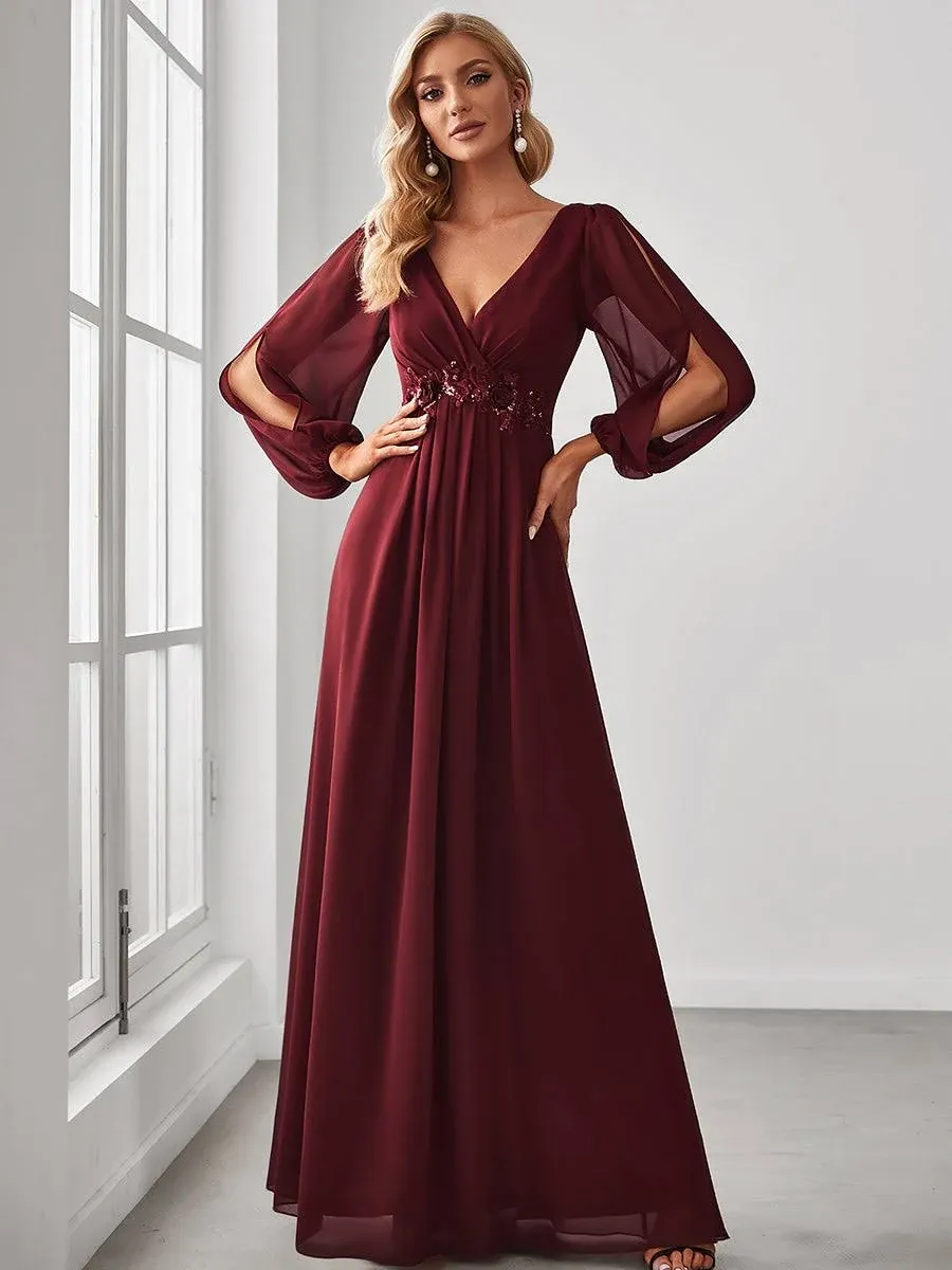 Ever-Pretty Women's V Neck Long Sleeves Floor Length Ruched Chiffon Formal Dress 00461