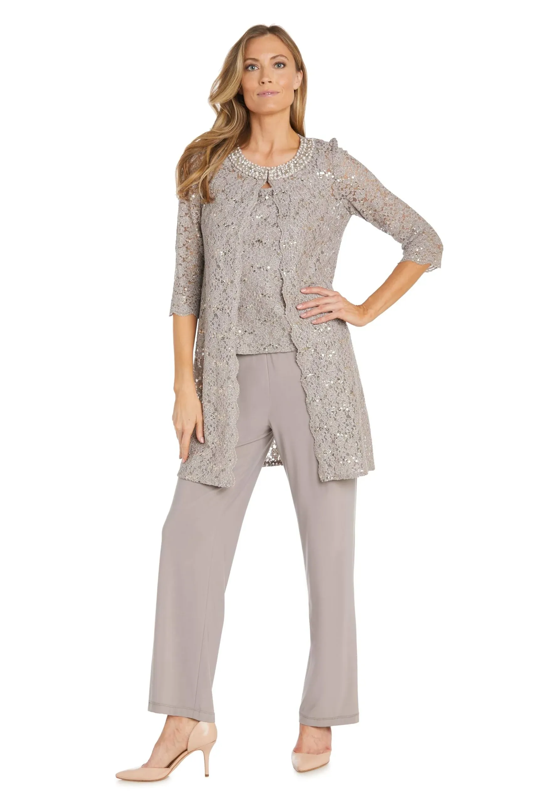 Lace Pant Suit with Pearl Neckline – Taupe / 6 by R&M Richards