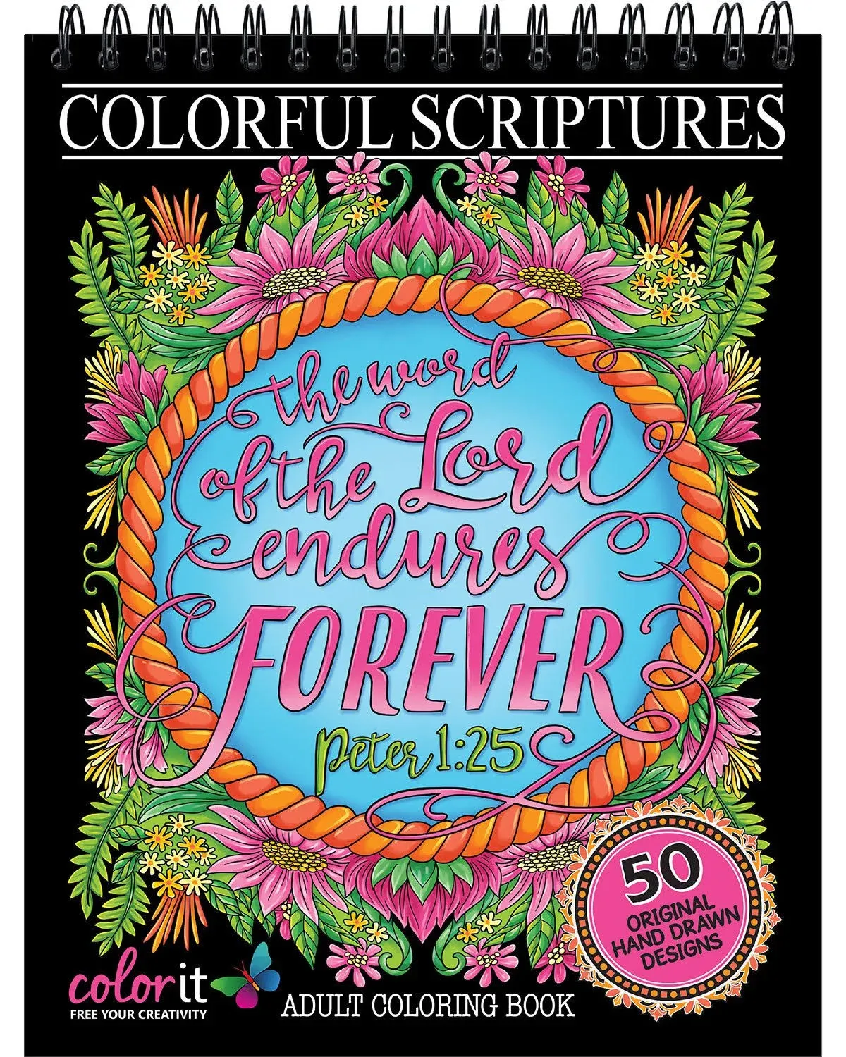 ColorIt Colorful Scriptures Christian Adult Coloring Book, 50 Original Hand Drawn Biblical Designs Printed on Artist Quality Paper, Hardback Covers, Spiral Binding, Perforated Pages, Ink Blotter