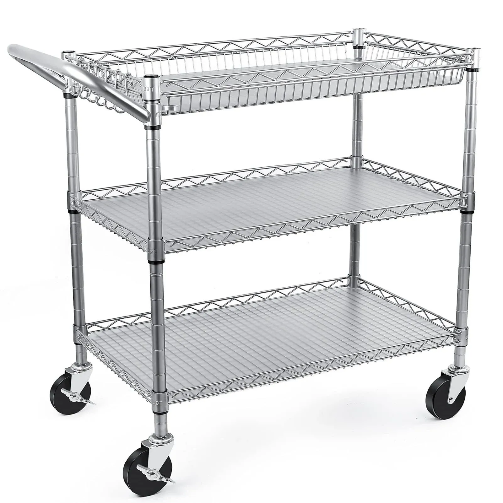 WDT Heavy Duty 3 Tier Utility cart,990Lbs Capacity Wire Rolling Cart with Wheels, Commercial Grade Service Cart with Shelving Liners and Handle Bar