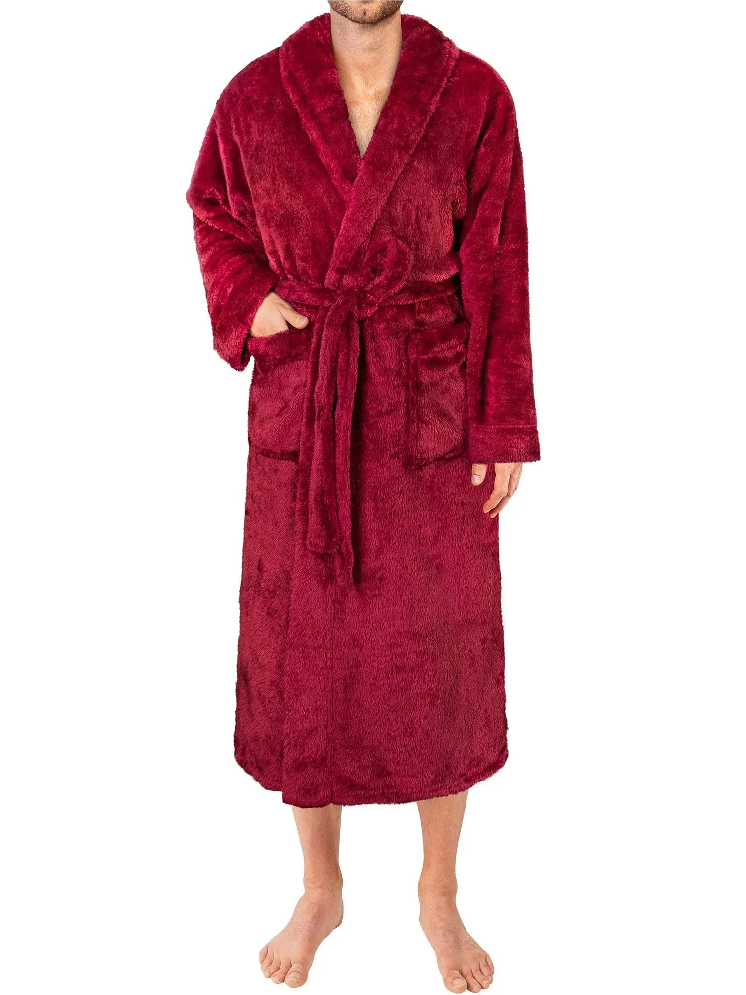 PAVILIA Mens Soft Robe, Plush Fluffy Fleece Bathrobe for Men, Long Sherpa Spa Robe with Shawl Collar (Wine Red,L/XL)