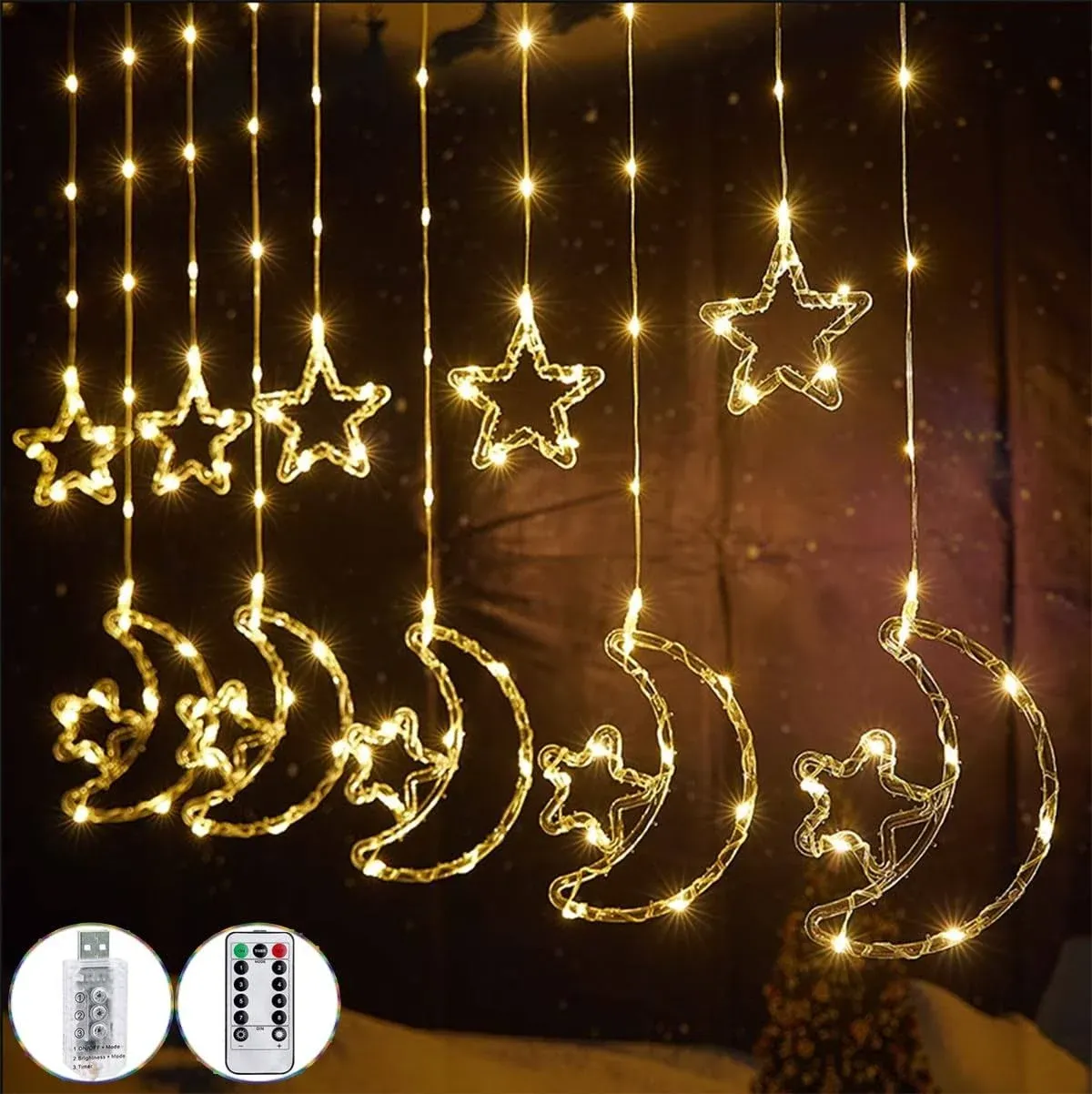 Moon Star String Lights Window Curtain Fairy String Lights Remote Control &amp; U...