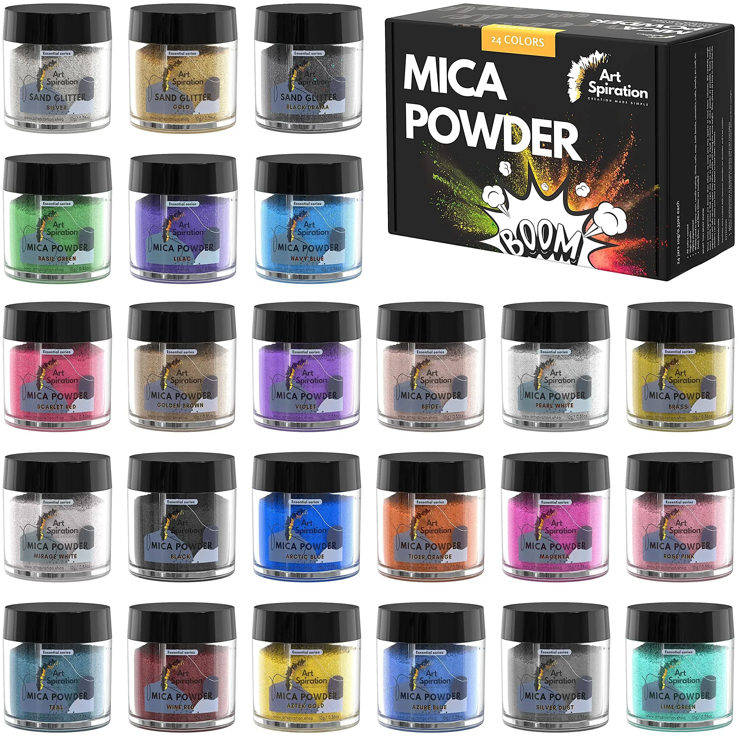 Mica Powder Set Epoxy Resin Pigment - Art Set for Resin Epoxy - for Soap Making, Nail Polish Set, Lip Gloss Set, Eye Shadow, Bath Bomb, Slime & Candle Making, Make Up Jars - 10g, 24 Jars