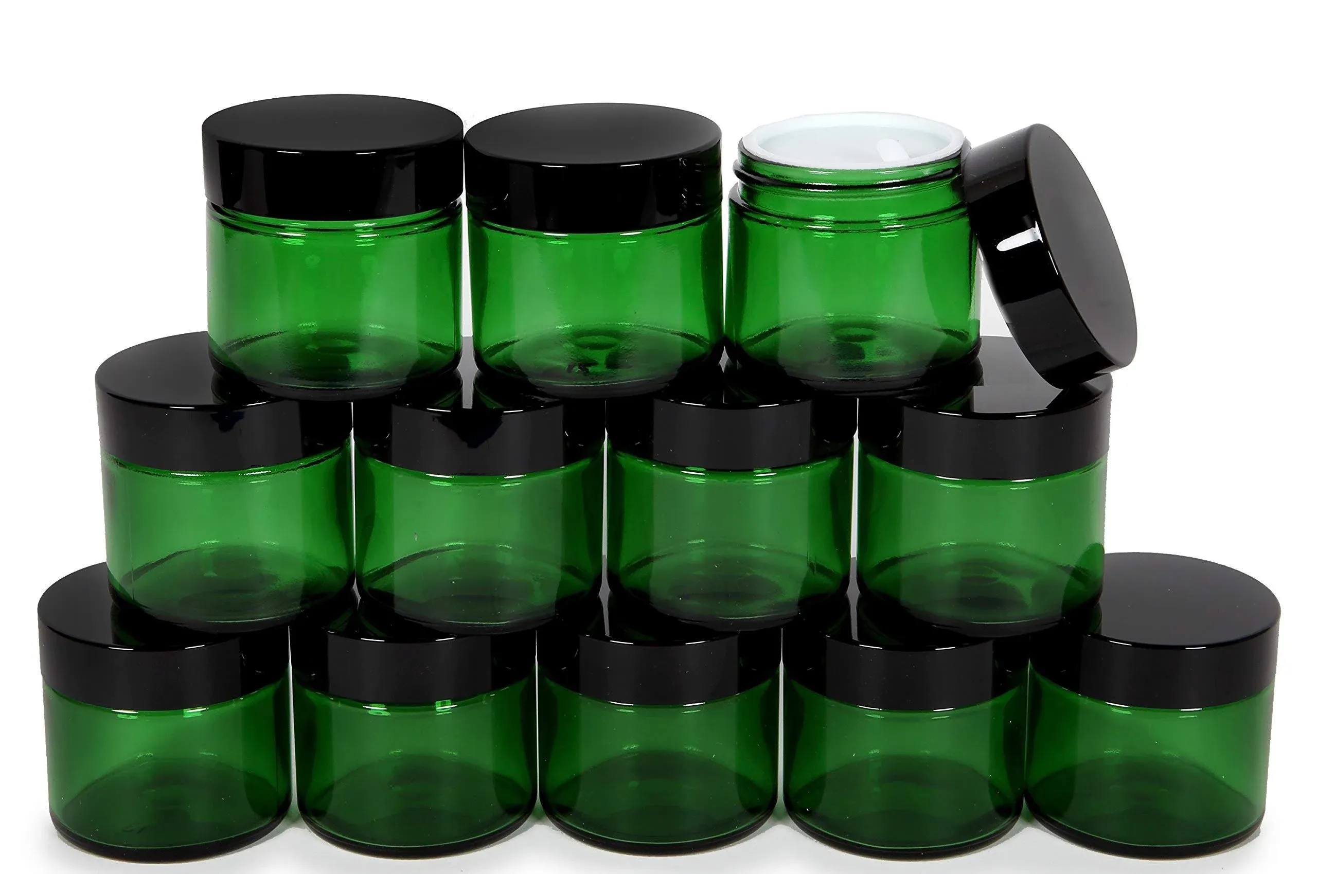 Vivaplex, 12, Green, 2 oz, Round Glass Jars, with Inner Liners and Black Lids, Size: One Size