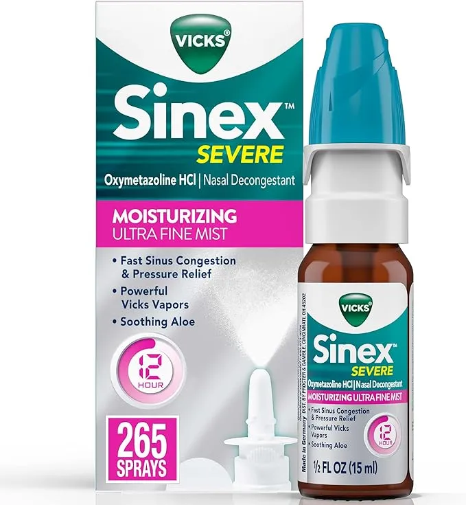 Vicks Sinex SEVERE Nasal Spray, Moisturizing Ultra Fine Mist with Aloe, Decongestant Medicine, Relief from Stuffy Nose due to Cold or Allergy, & Nasal Congestion, Sinus Pressure Relief, 265 Sprays